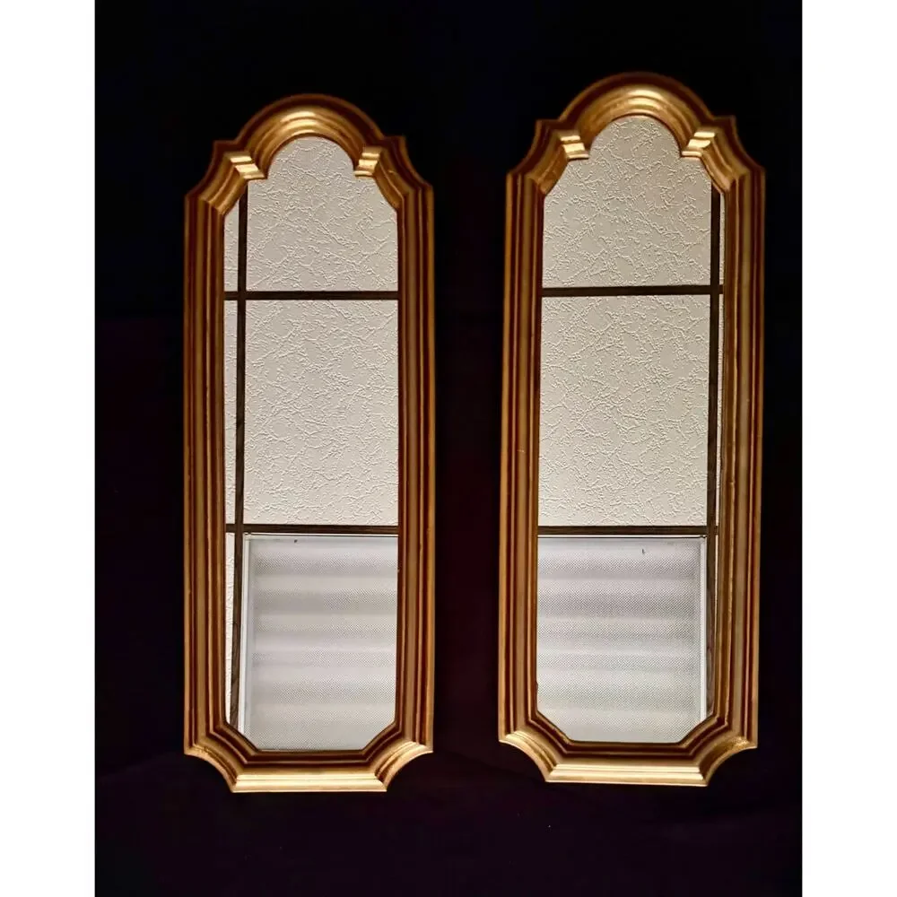 Pair Vintage Bassett Mirror Co Gold Arched Wall Mirrors Hollywood Regency 1970s